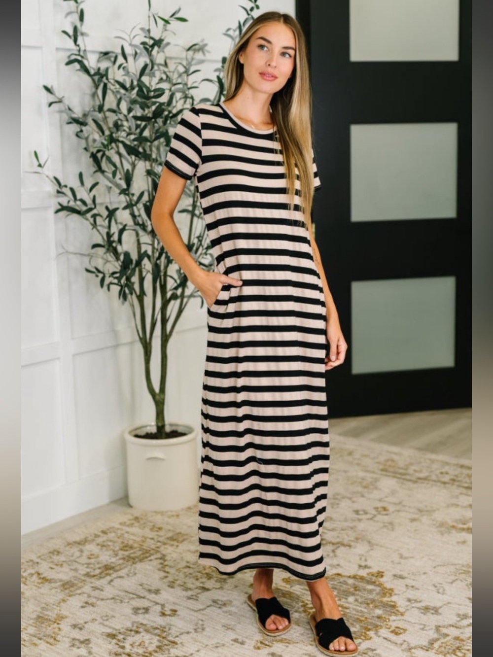 One Eleven North Striped Short-Sleeve Maxi Dress - Black and Beige- Small